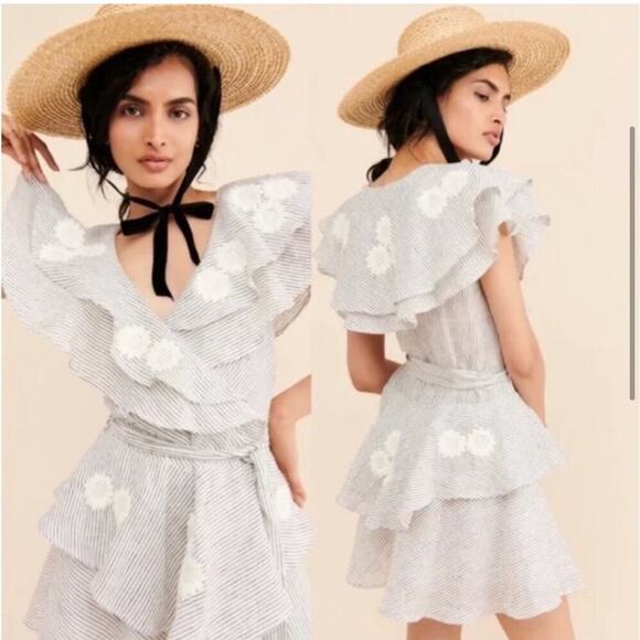 Innika Choo white black stripe floral embroidered ruffle linen dress 2 or Medium - Picture 1 of 16